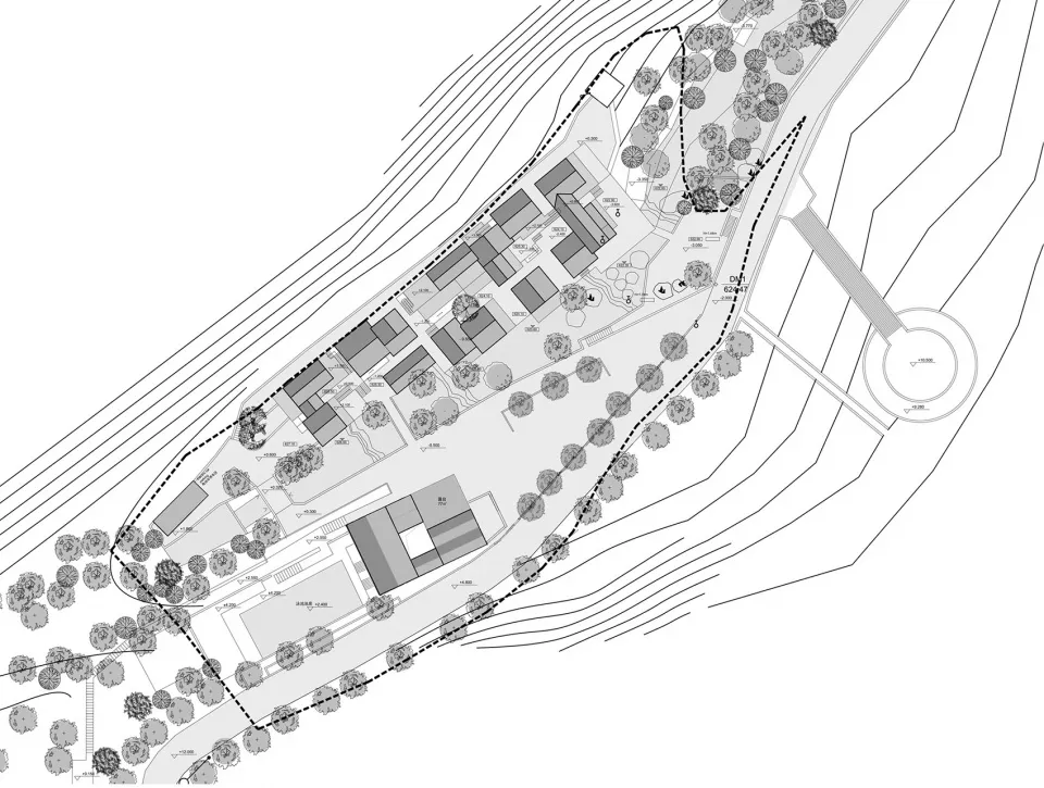 A detailed architectural plan of a building, featuring layout lines and structural elements.