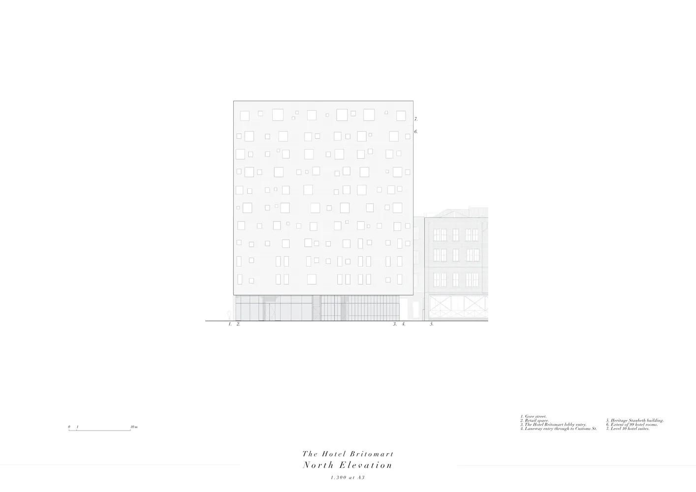 Floor plan of a hotel exterior with glass facade