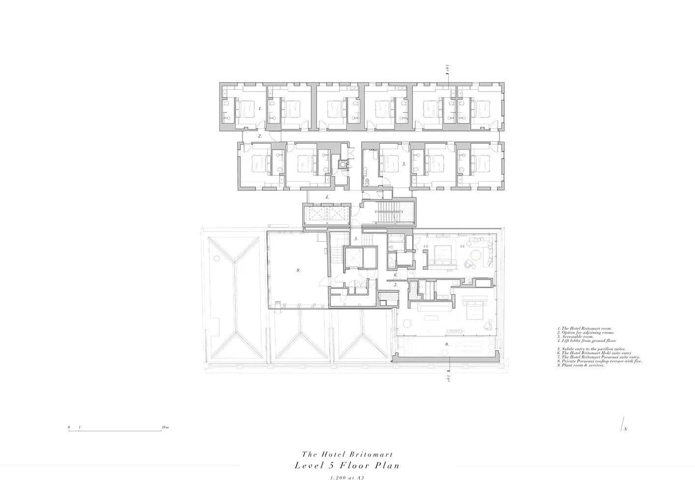 A detailed 2D architectural drawing of the hotel, specifically showing the layout of the fifth level.
