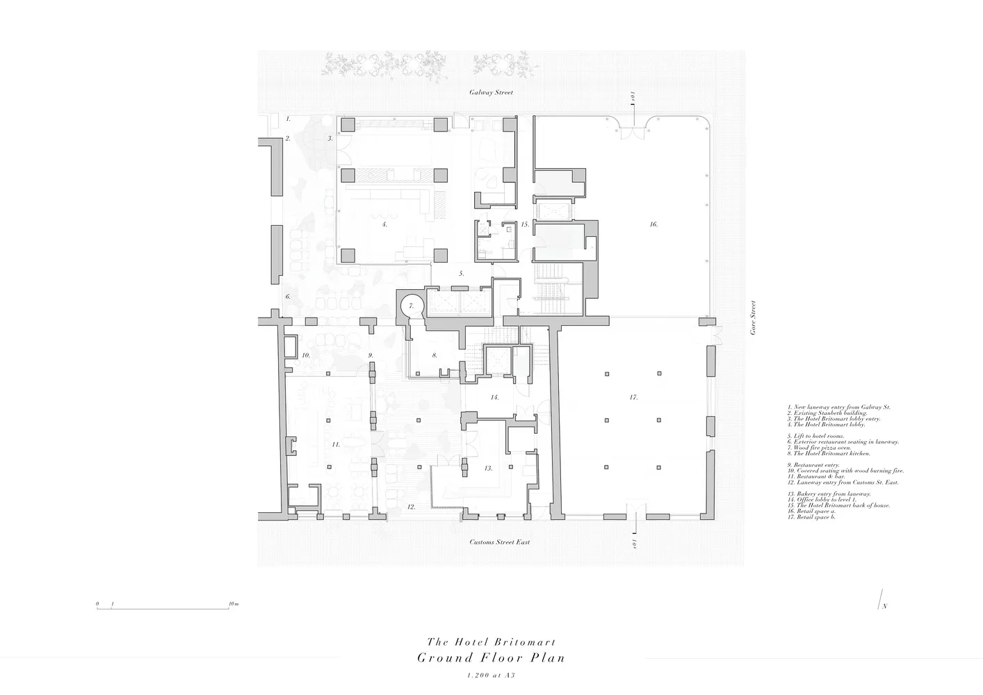 A detailed architectural floor plan of a hotel's ground floor, showing various rooms and areas such as offices, restaurants,