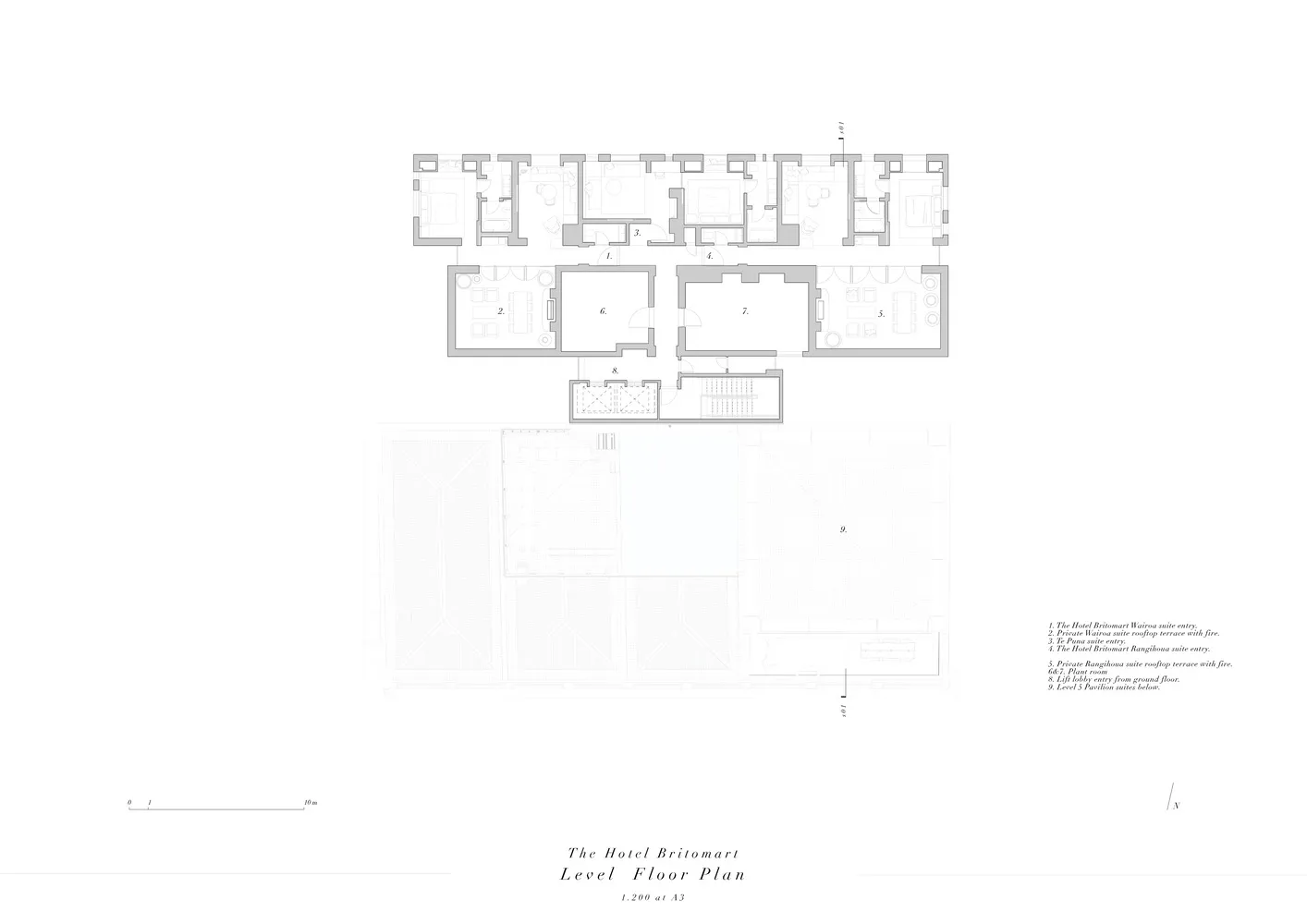 Floor plan of a hotel showing multiple rooms and suites.