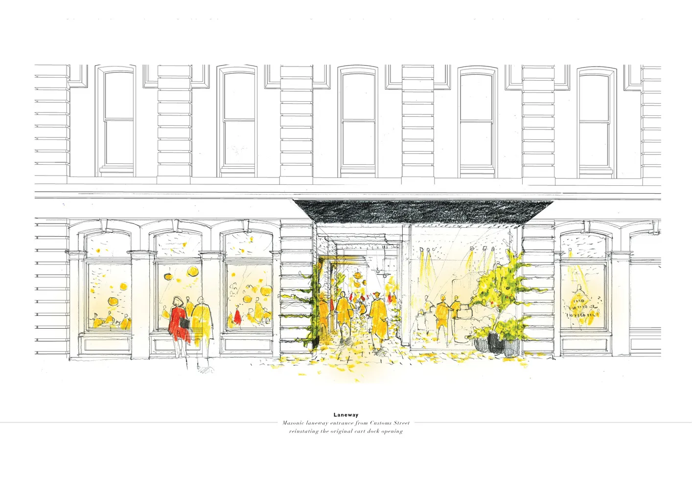 A sketch illustration of a modern laneway interior with vibrant yellow decor and a black awning.