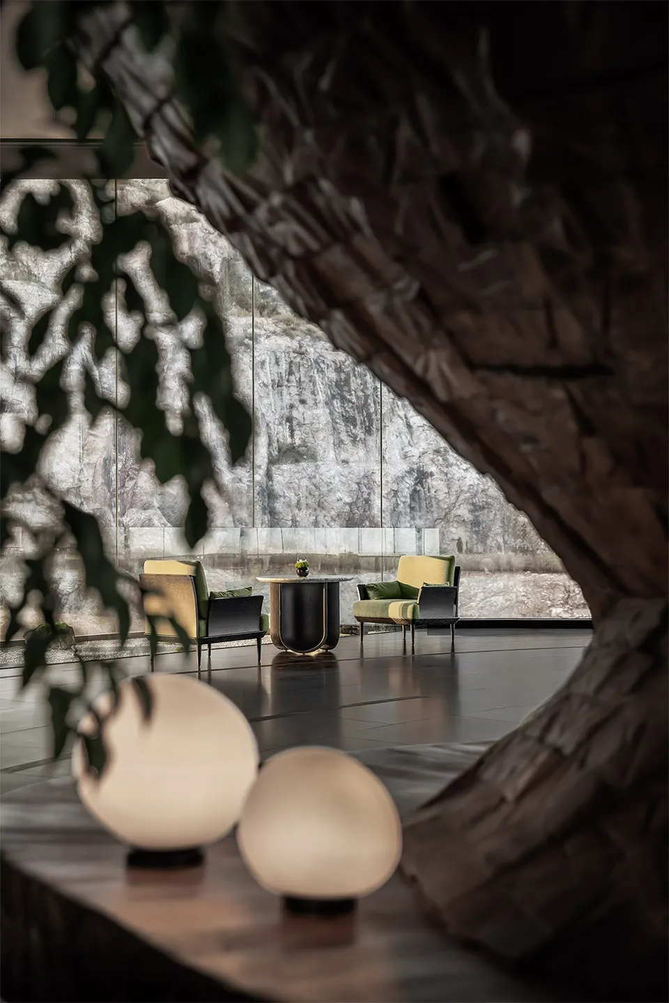 Modern lobby interior with concrete and marble materials