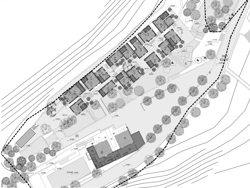 Detailed architectural blueprint of a modern residential property with multiple buildings and landscaping.