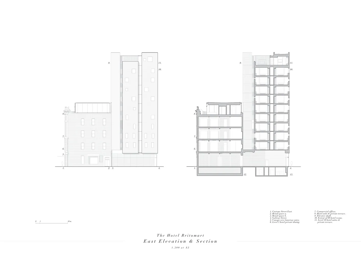 一張技術性建築圖,顯示名為 The Hotel Britomart 的建築東立面與剖面。