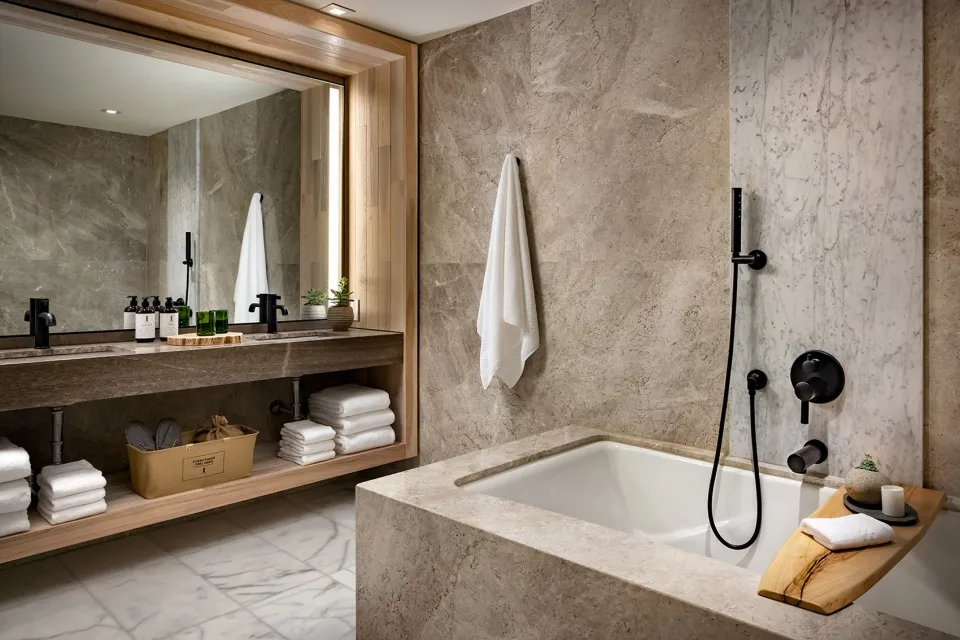 Modern bathroom with minimalist design featuring marble walls and white towels.