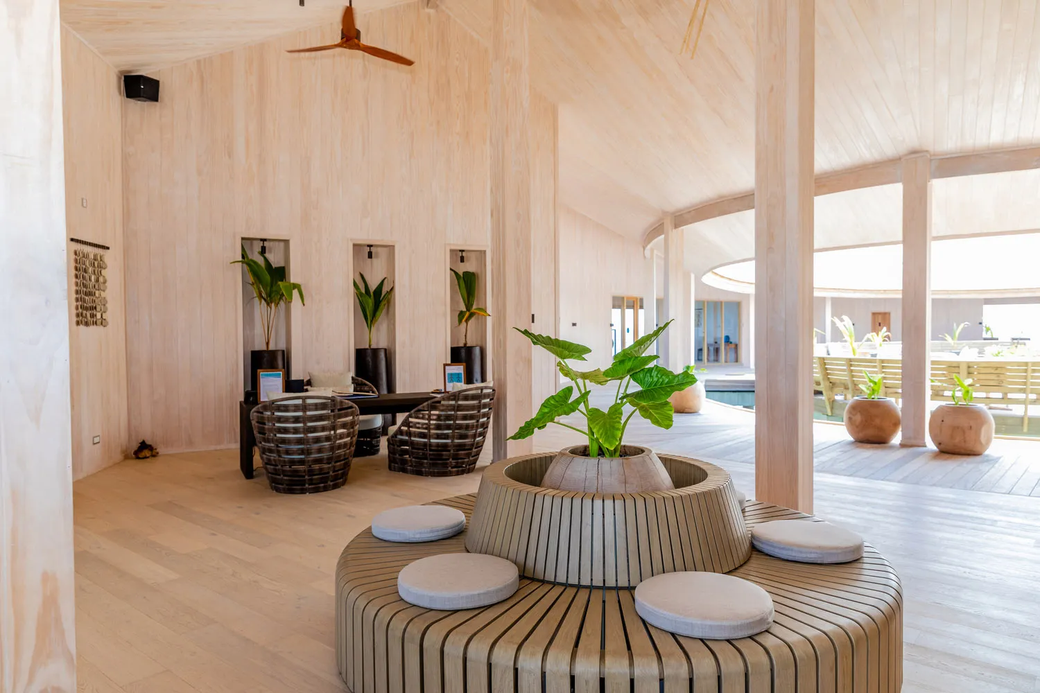 Modern interior design featuring wooden elements and contemporary furniture.