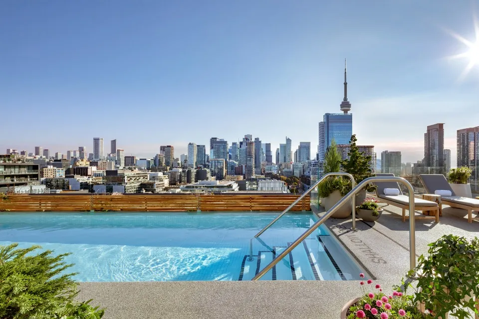 A rooftop pool overlooking a cityscape with modern buildings and skyscrapers.