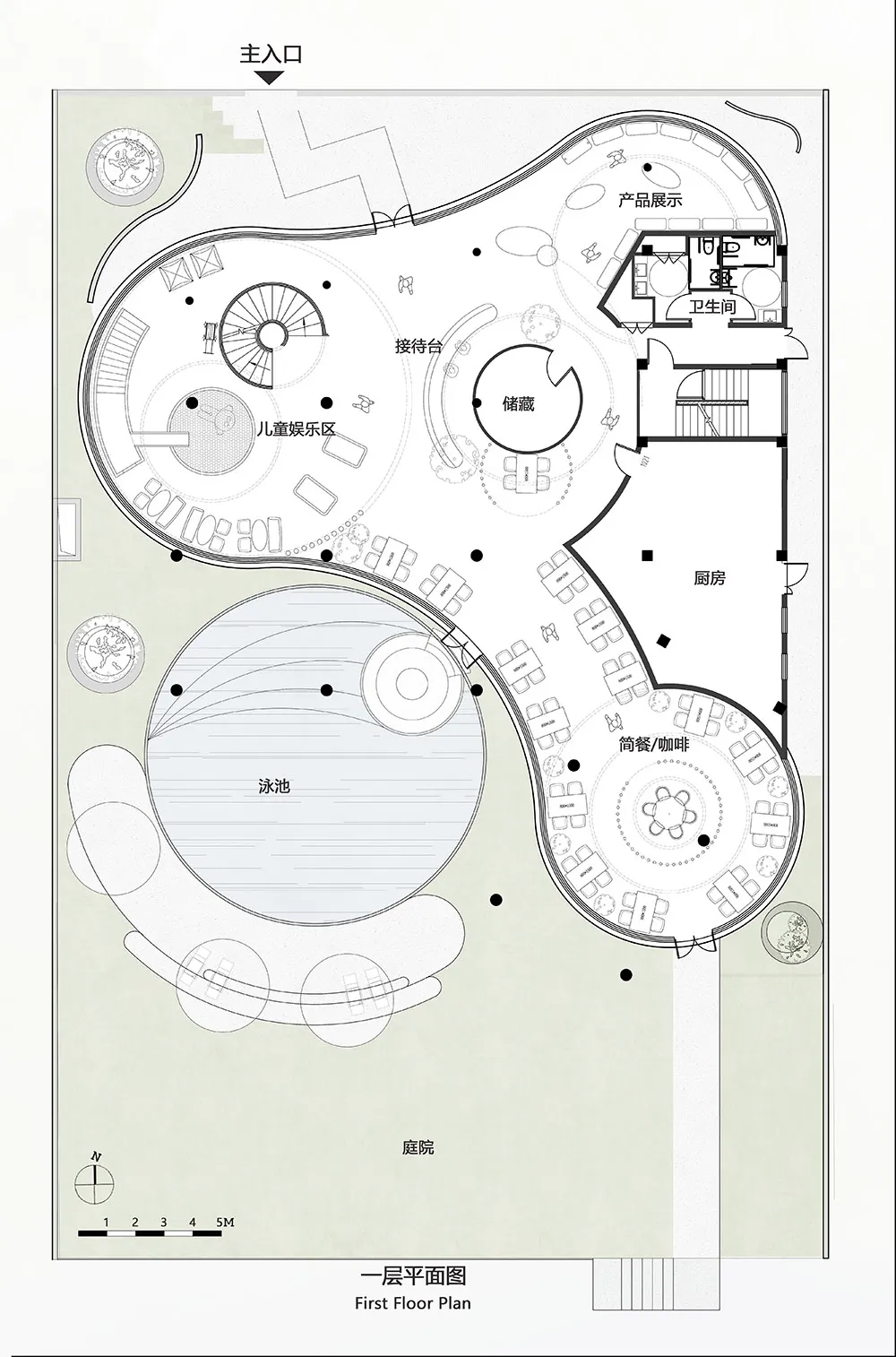 Floor plan of a modern office space with a variety of seating areas, workstations, and a central courtyard.