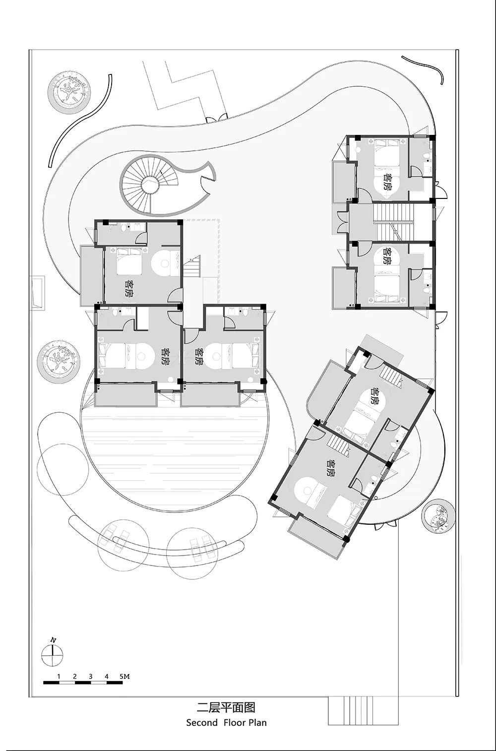 Floor plan of a residential building with multiple rooms and a central staircase.
