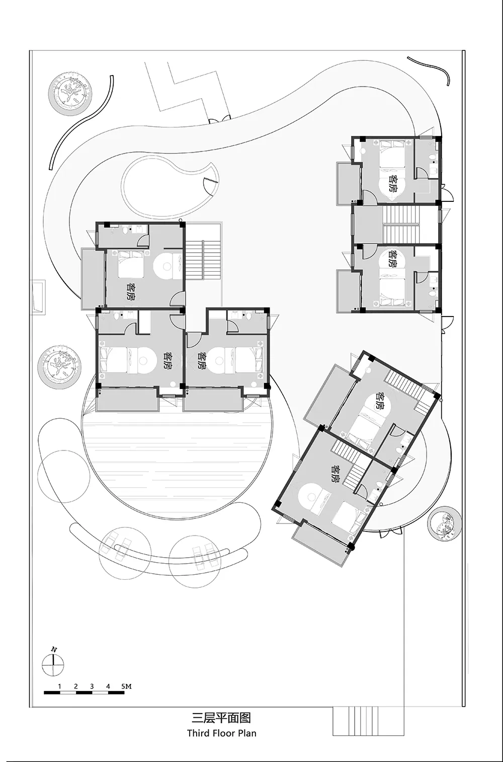 A detailed architectural drawing of a three-story residential building, including floor plans and outdoor landscaping.