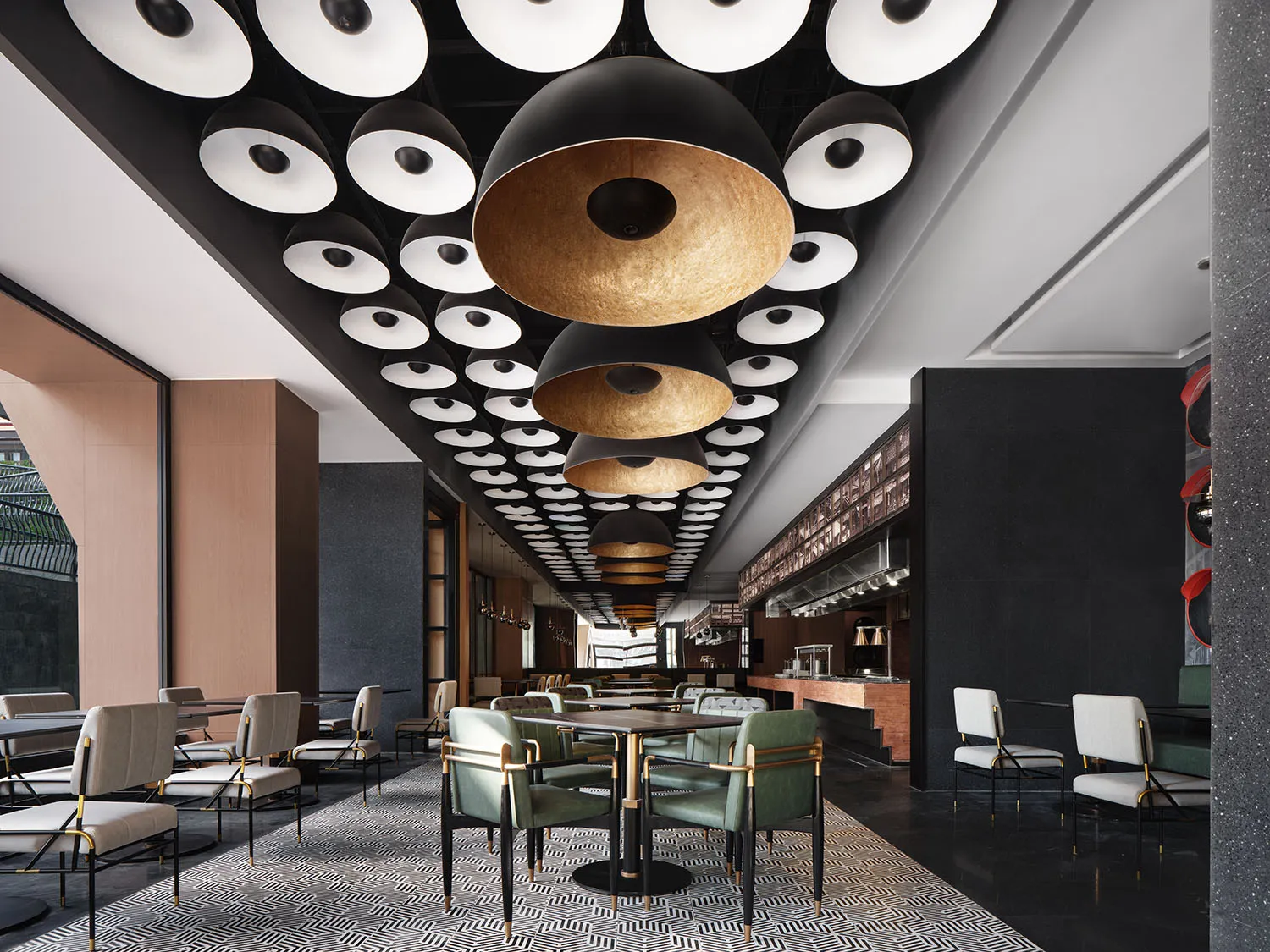 A modern restaurant dining room with metallic lights, black and gold accents, and leather chairs.
