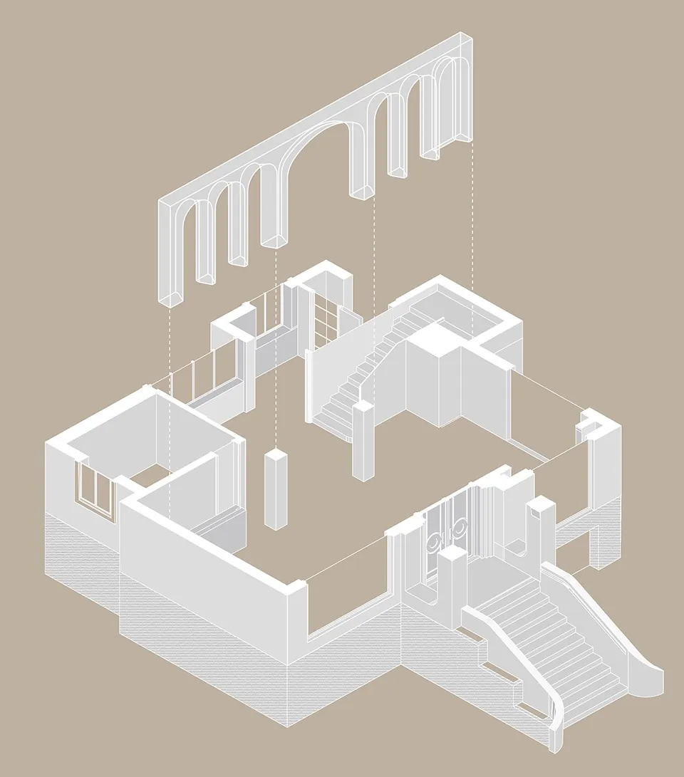 Modern interior design featuring a floor plan with concrete elements, suitable for a contemporary residential or commercial s