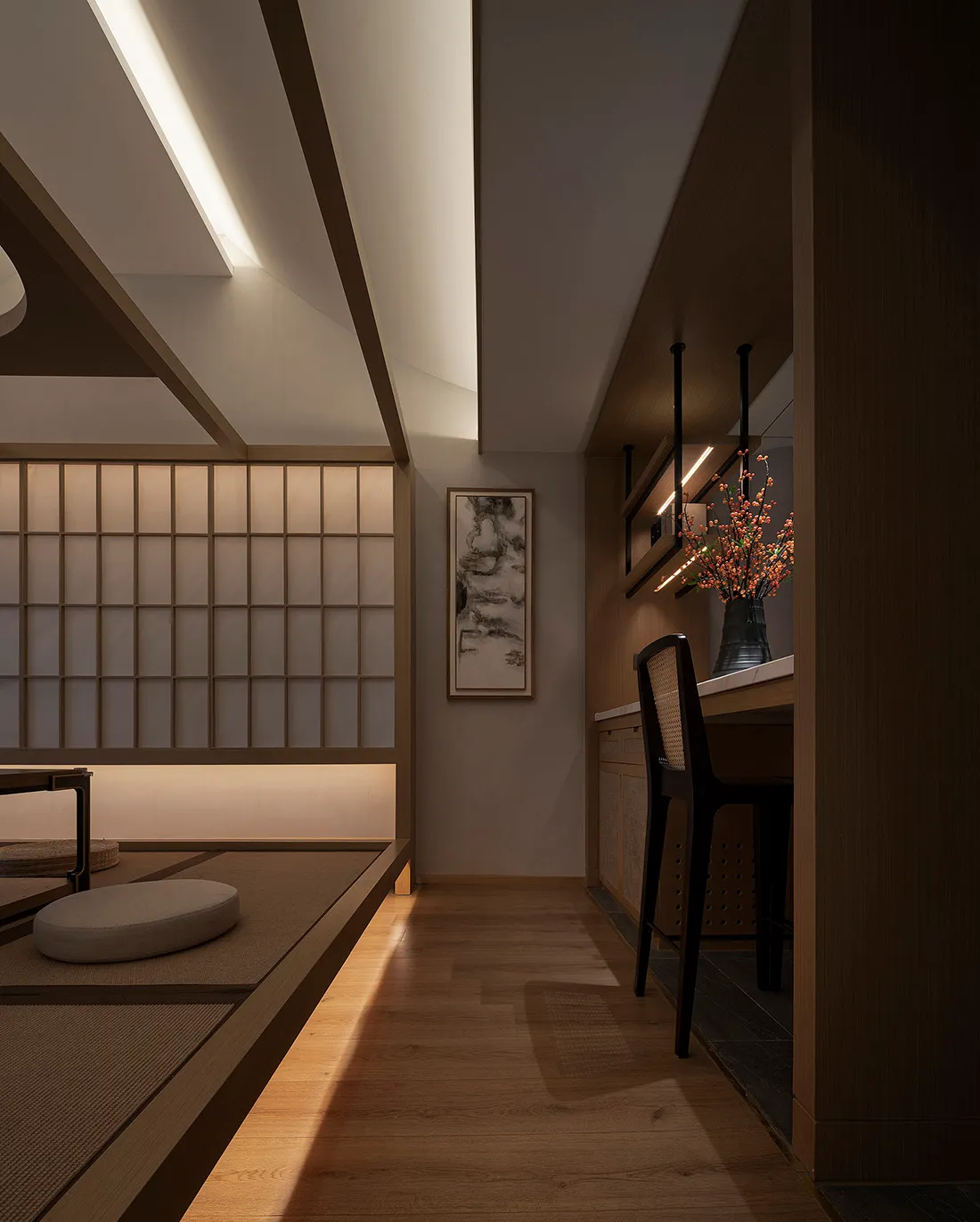 A modern living room featuring wooden flooring and furniture, with a sleek, contemporary design.