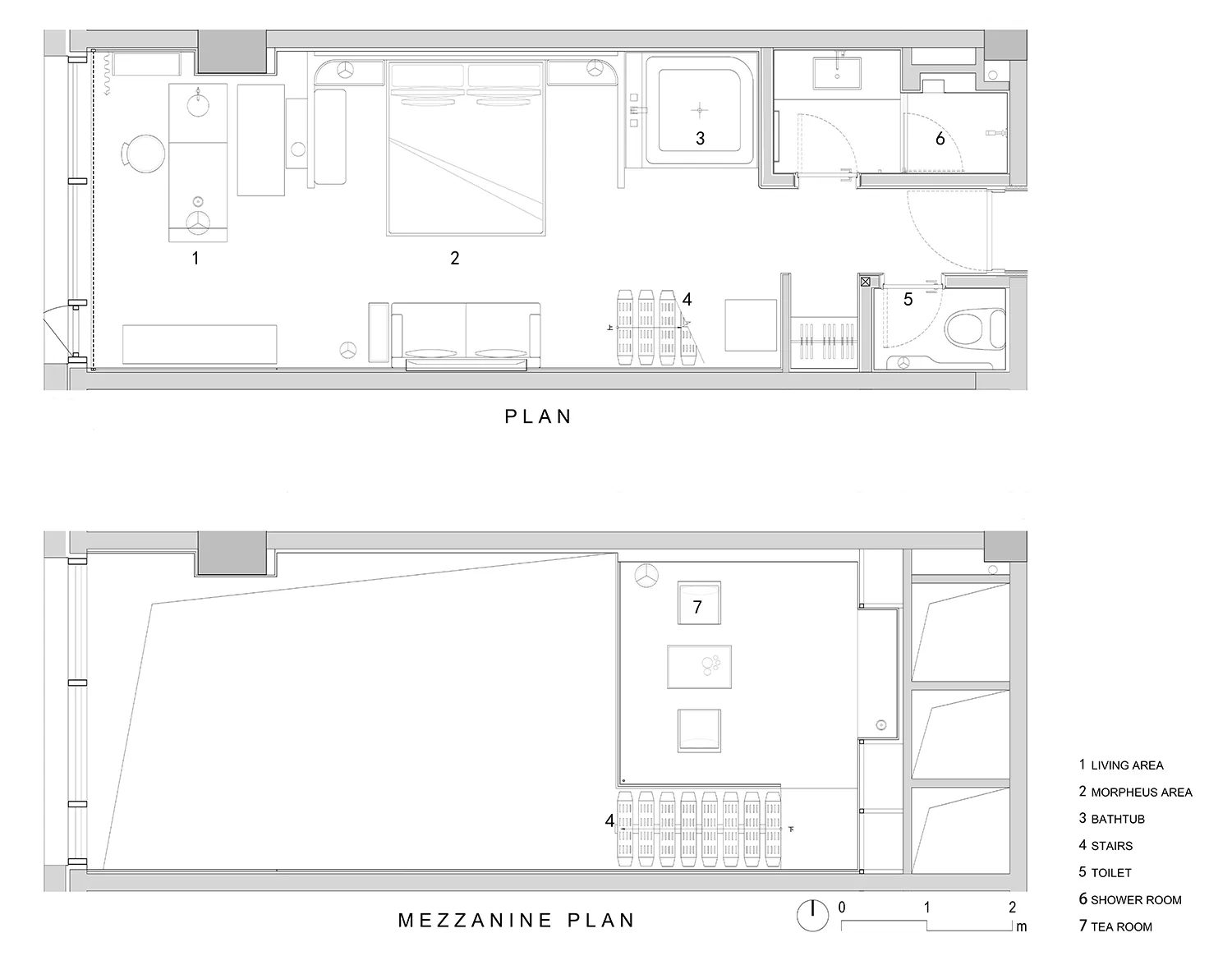 Floor plan layout of a modern living space with light-colored materials and a minimalist design.