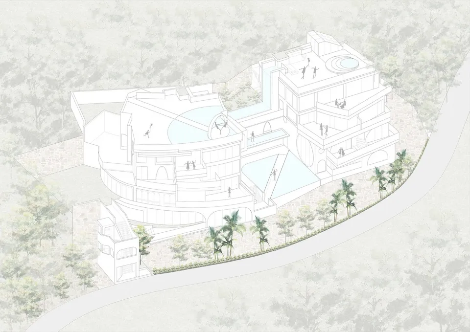 A modern residential floor plan with outdoor spaces.