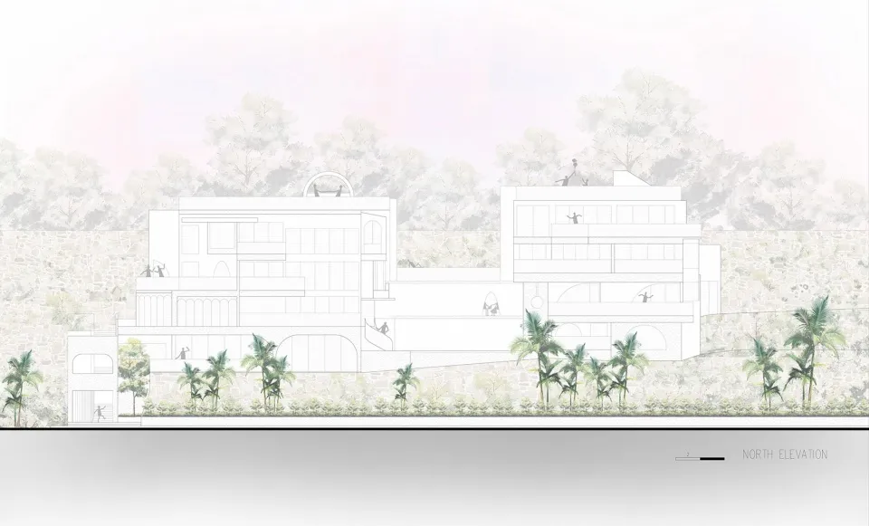 現代住宅建築採用混凝土與玻璃材質。