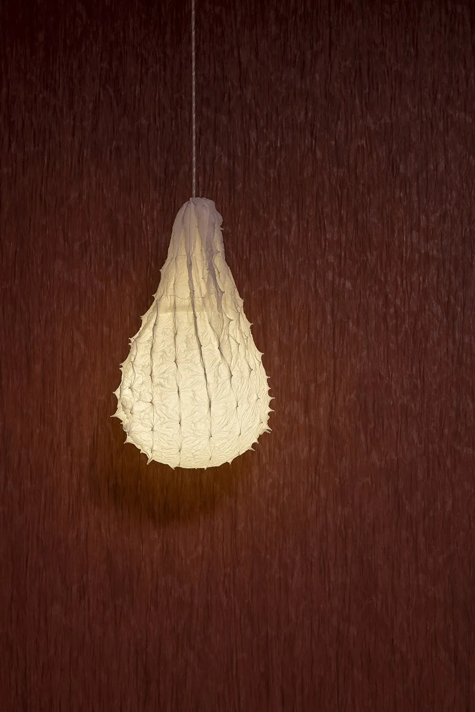 A paper lampshade hanging from a cord against a wooden backdrop.