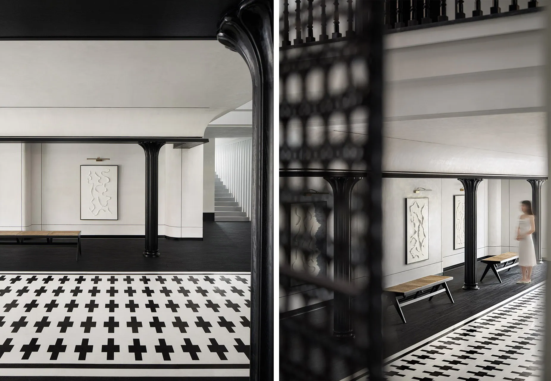 An entrance hallway featuring modern design with concrete floor tiles in black and white color scheme.