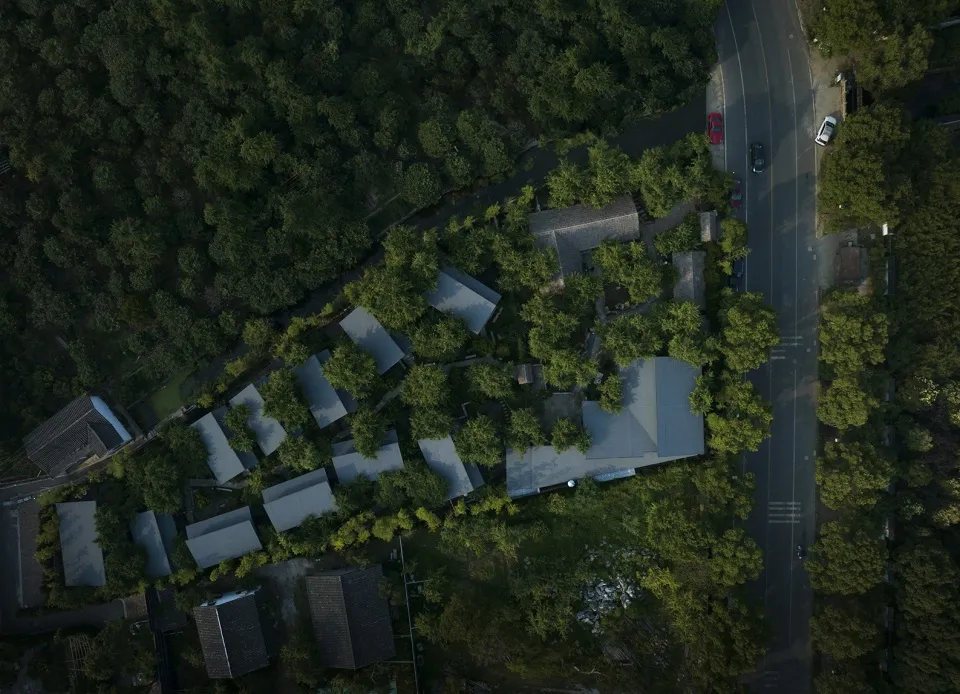 Aerial view of a green urban space with buildings and a road.