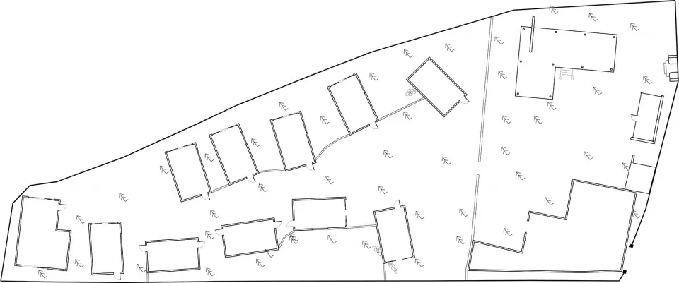 Detailed architectural blueprint of a modern office space with various functional zones.