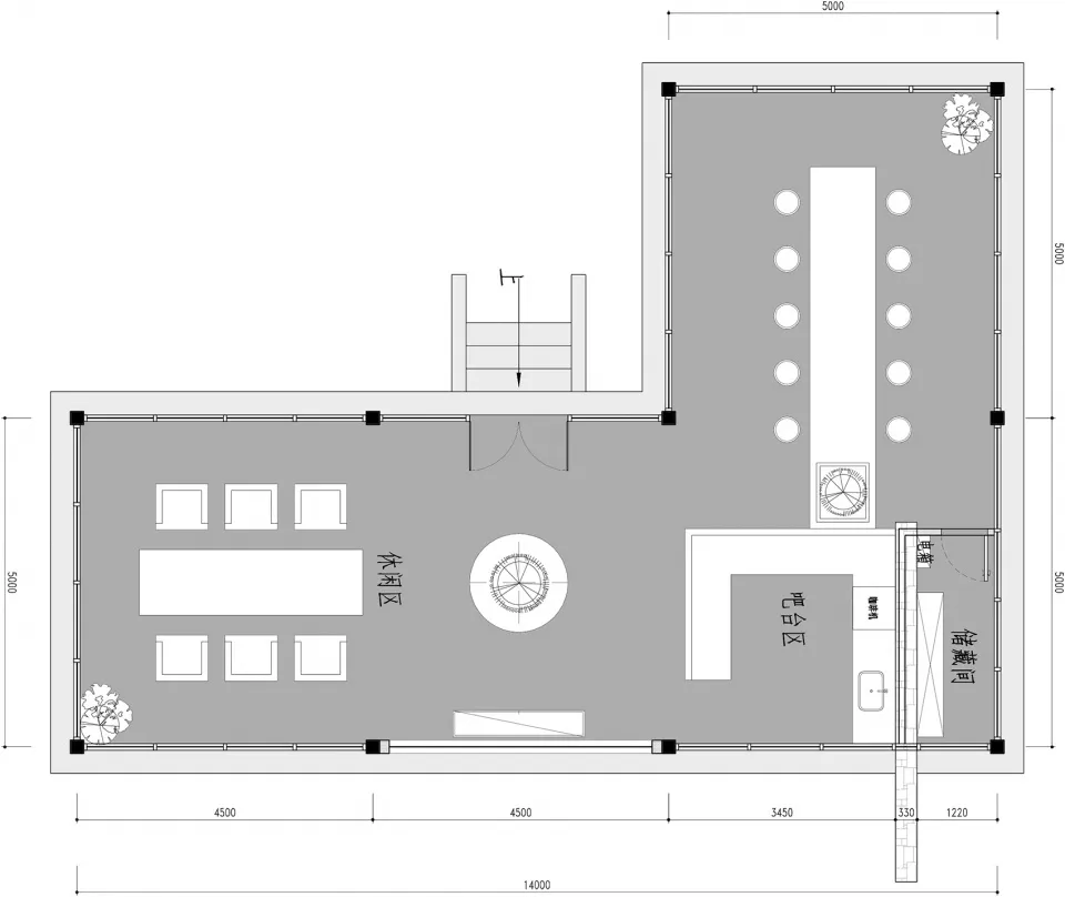 現代住宅客廳平面圖，採用混合材質與家具。