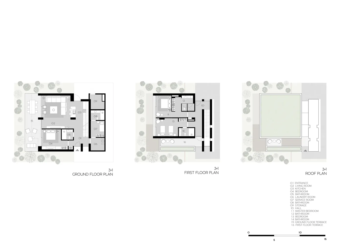 現代住宅平面圖,展示地面層與一樓的各式房間及露台。