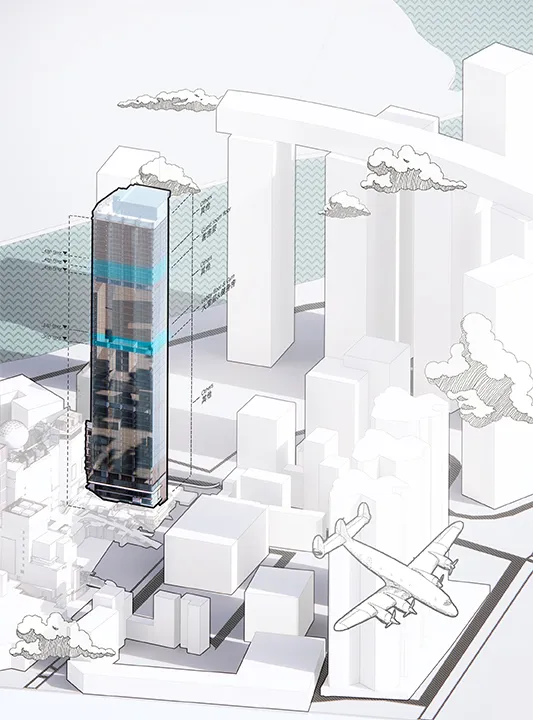 3D architectural rendering of a cityscape with skyscrapers and airplanes