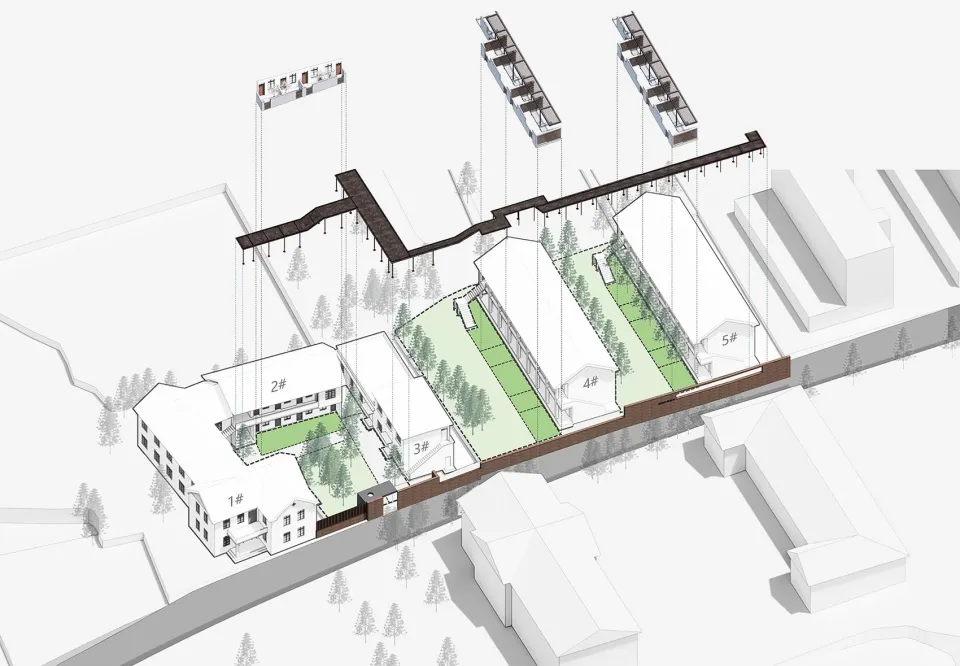 工業風建築的3D建築繪圖,採用磚塊與混凝土材質。