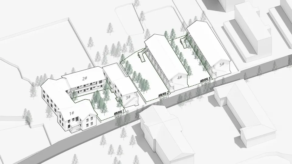 Modern building plan with labeled rooms and trees.