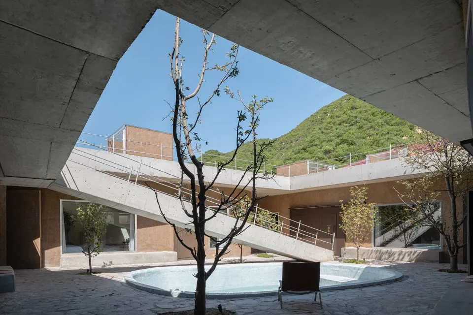 Modern courtyard with concrete architecture and natural elements
