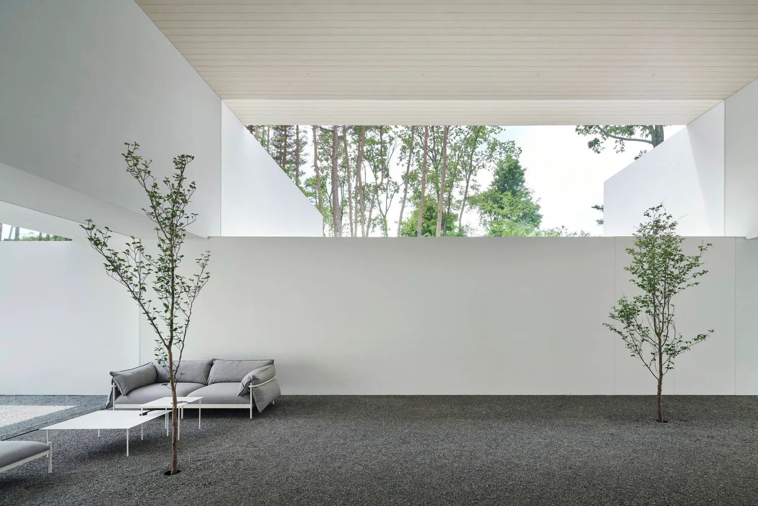 Minimalist living space featuring modern furniture and gravel flooring surrounded by green plants and concrete structures.