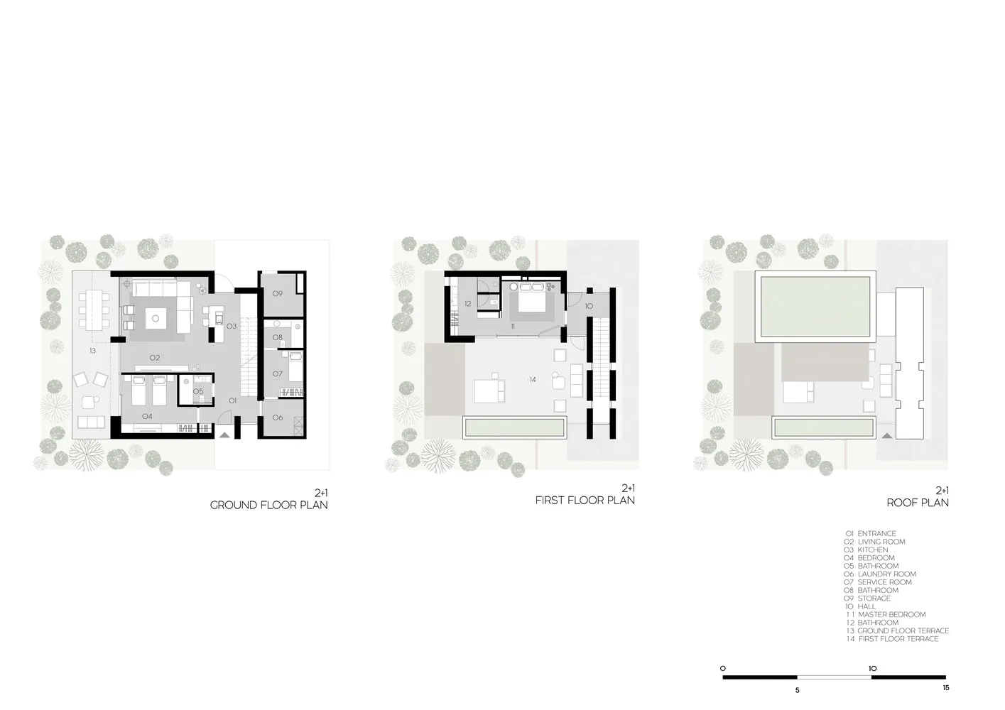 現代住宅建築的平面圖,展示地面層、一樓及屋頂平面。