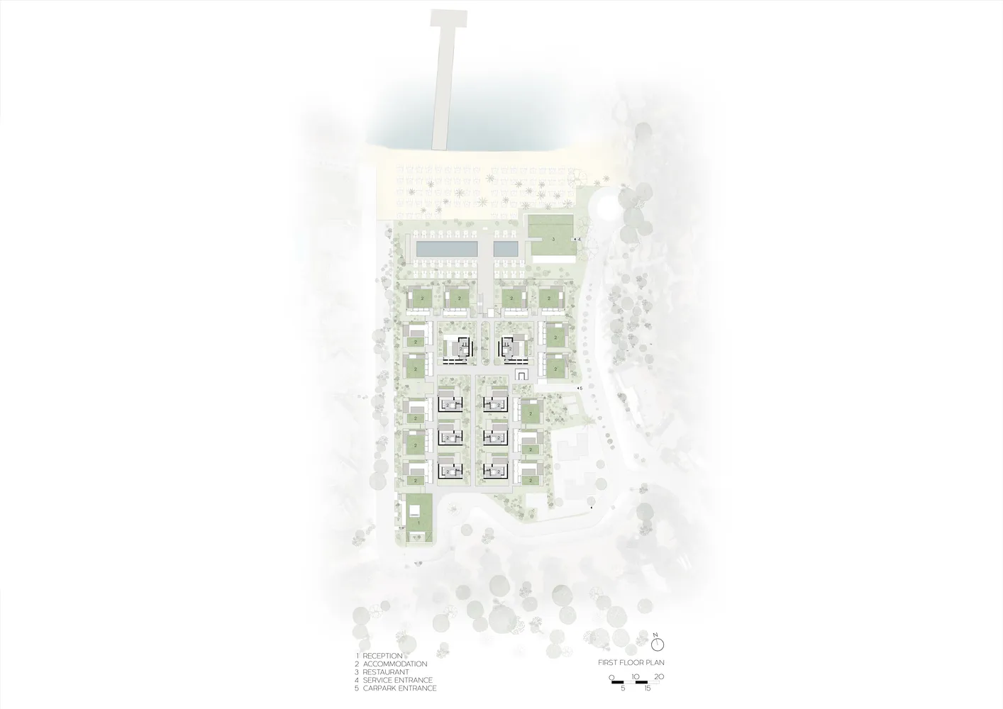 2D architectural drawing of a residential building's floor plan.