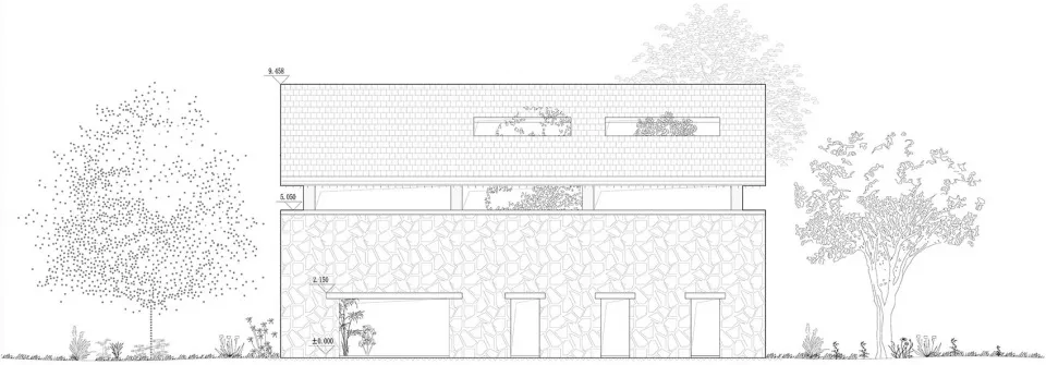 Building walls and roof depicted in architectural drawings, showing design features and dimensions.