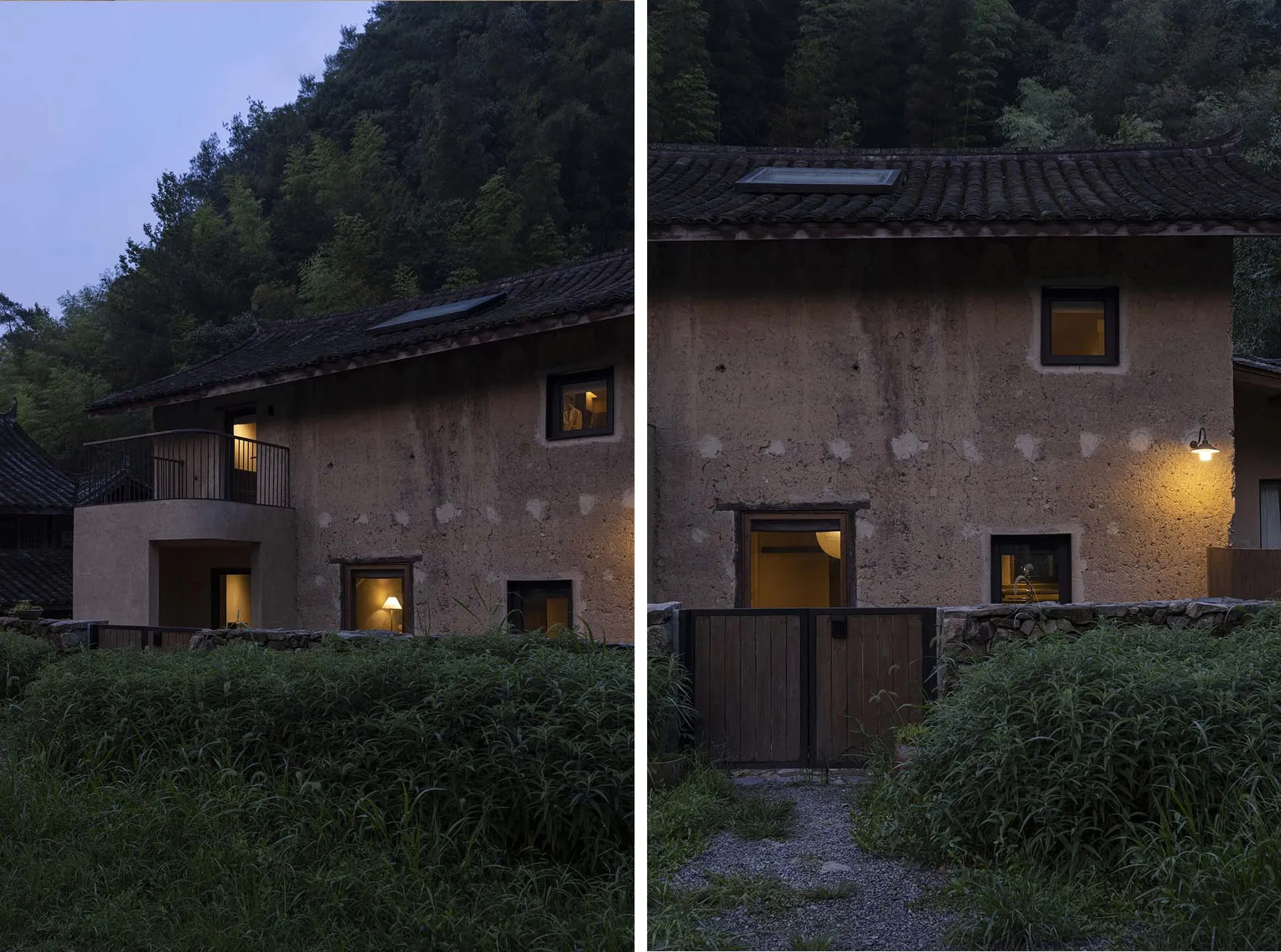 Clay exterior houses surrounded by lush greenery at dusk.