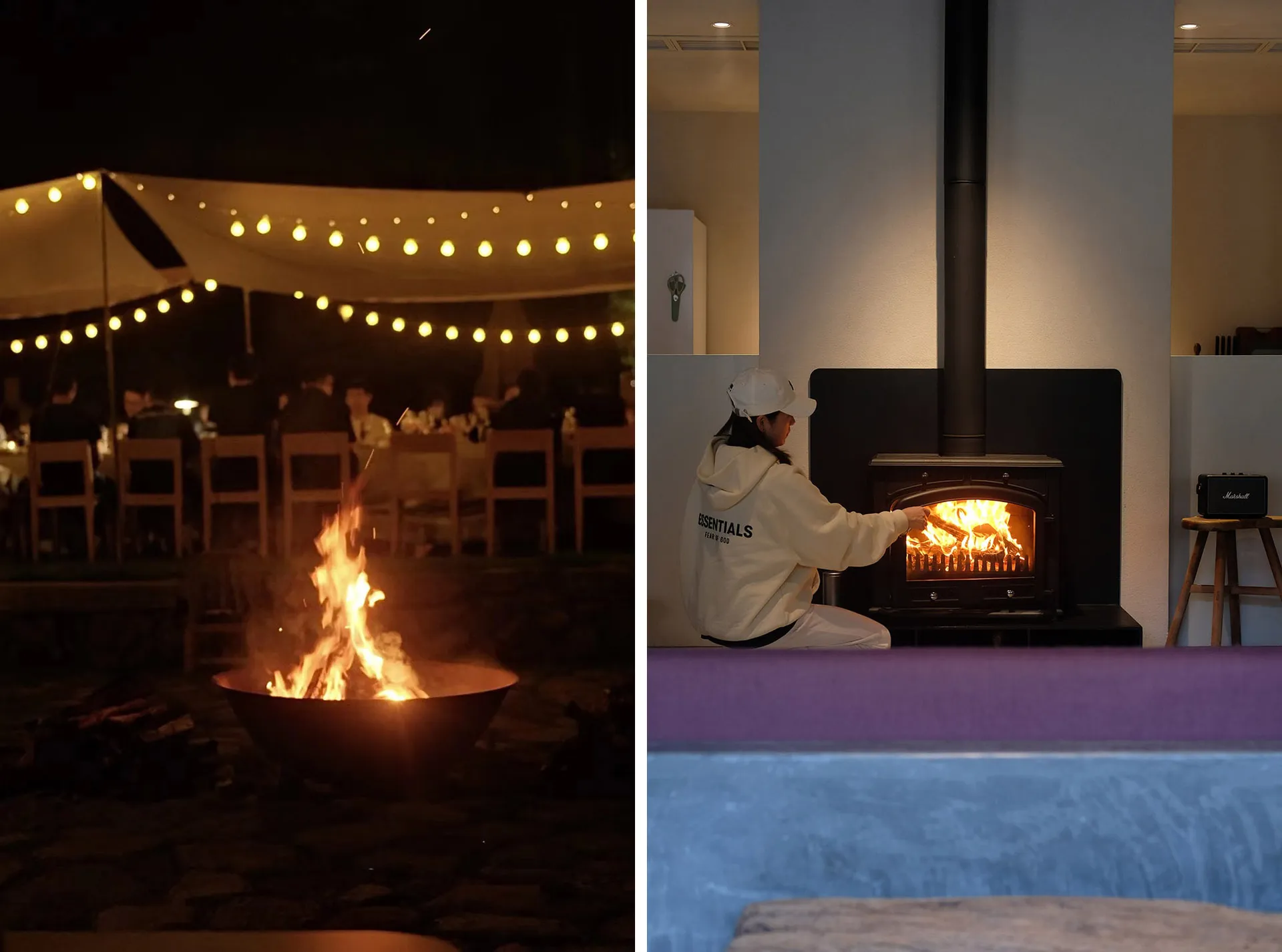A cozy fireplace interior with a person placing wood in the fire.