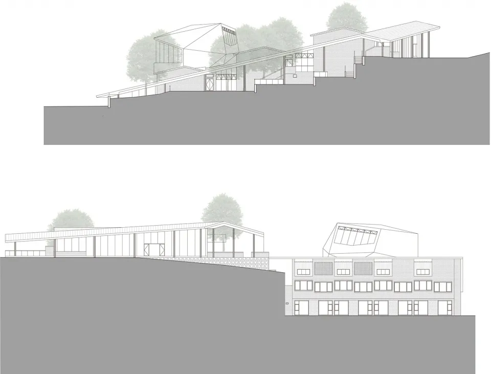 Elevated top-down view of residential buildings on a hillside