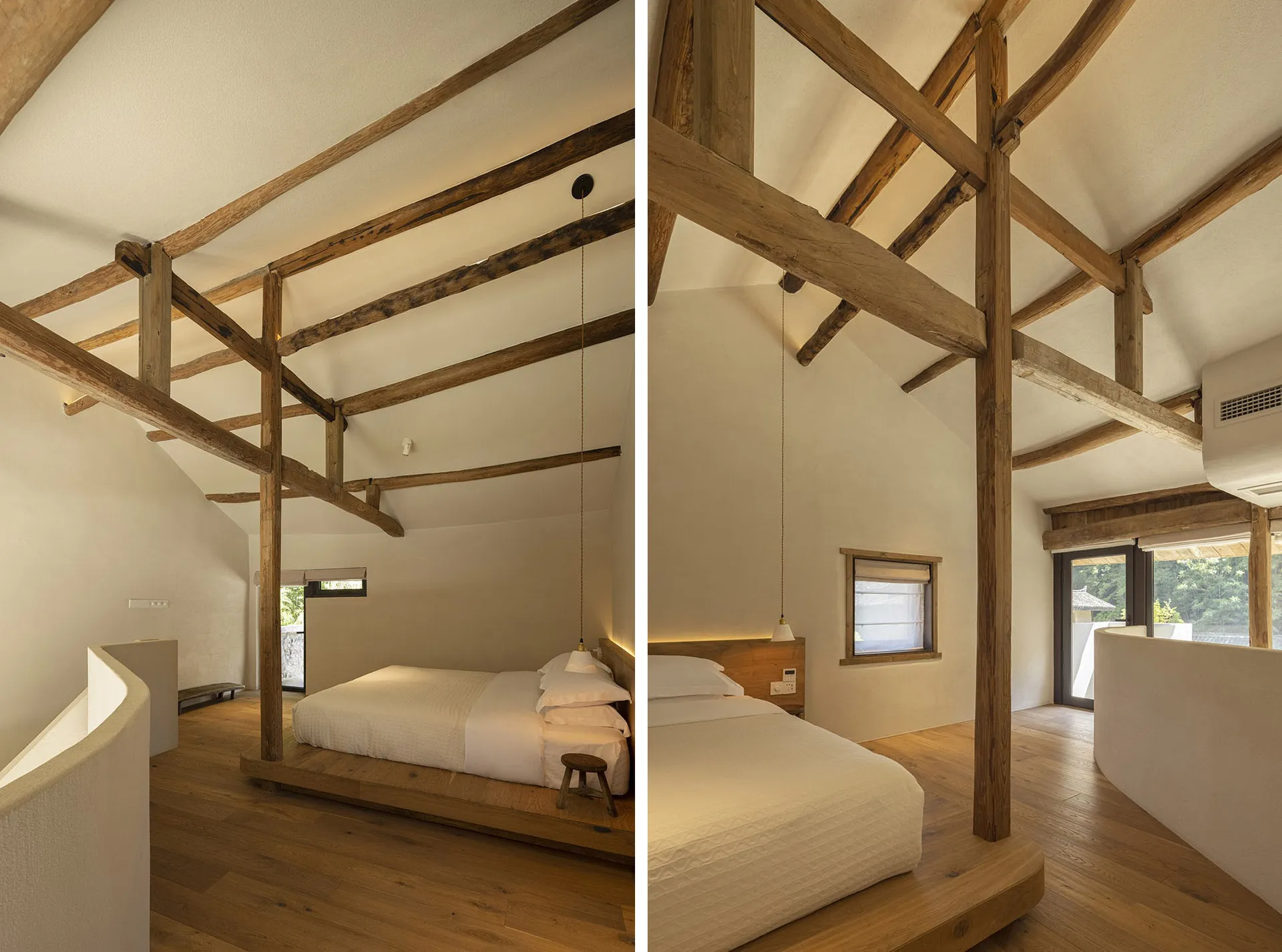 Modern minimalist bedroom with exposed wooden beams, white walls, and a bed on a wooden frame.