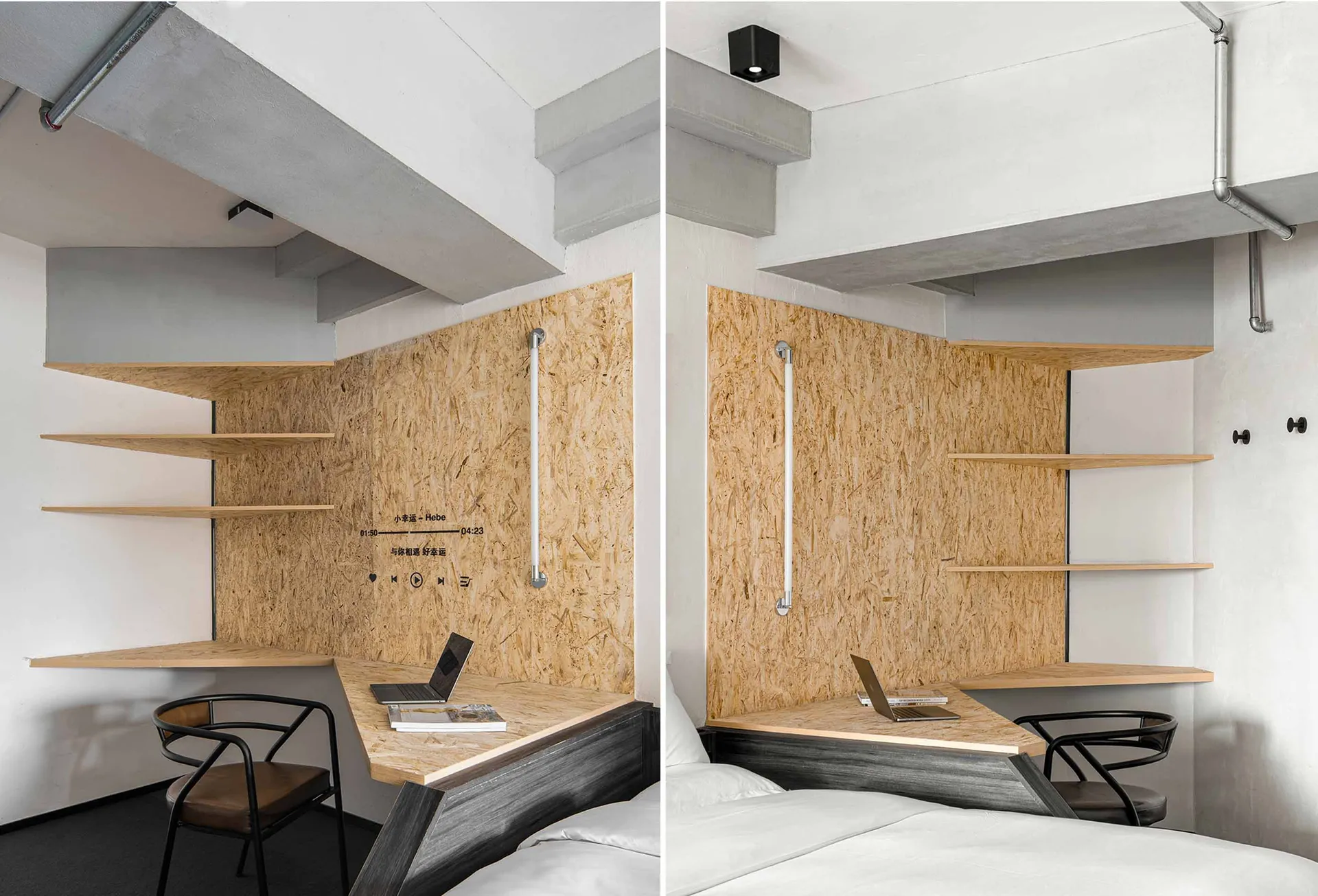 A minimalist bedroom features a wooden workstation with shelves and a laptop.