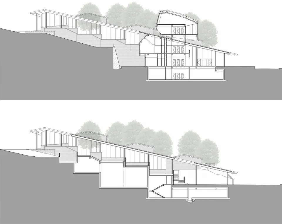 Cross-sectional architectural diagram of a modern residential building, showing interior and exterior details.