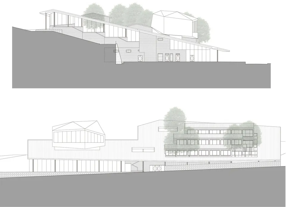 Sectional view of a modern residential building featuring glass walls and steel framing.
