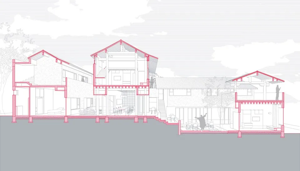 住宅剖面建築圖,展示結構與格局,背景為天空。