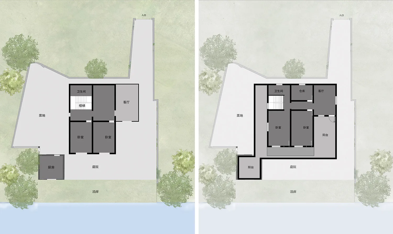 2D architectural drawing of a modern house layout.