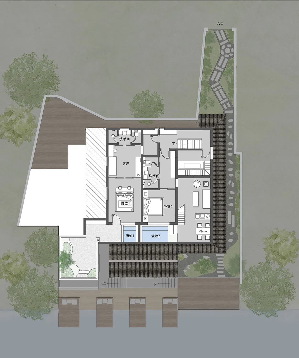 Floor plan of a modern residential interior designed with wood, stone, and glass materials.