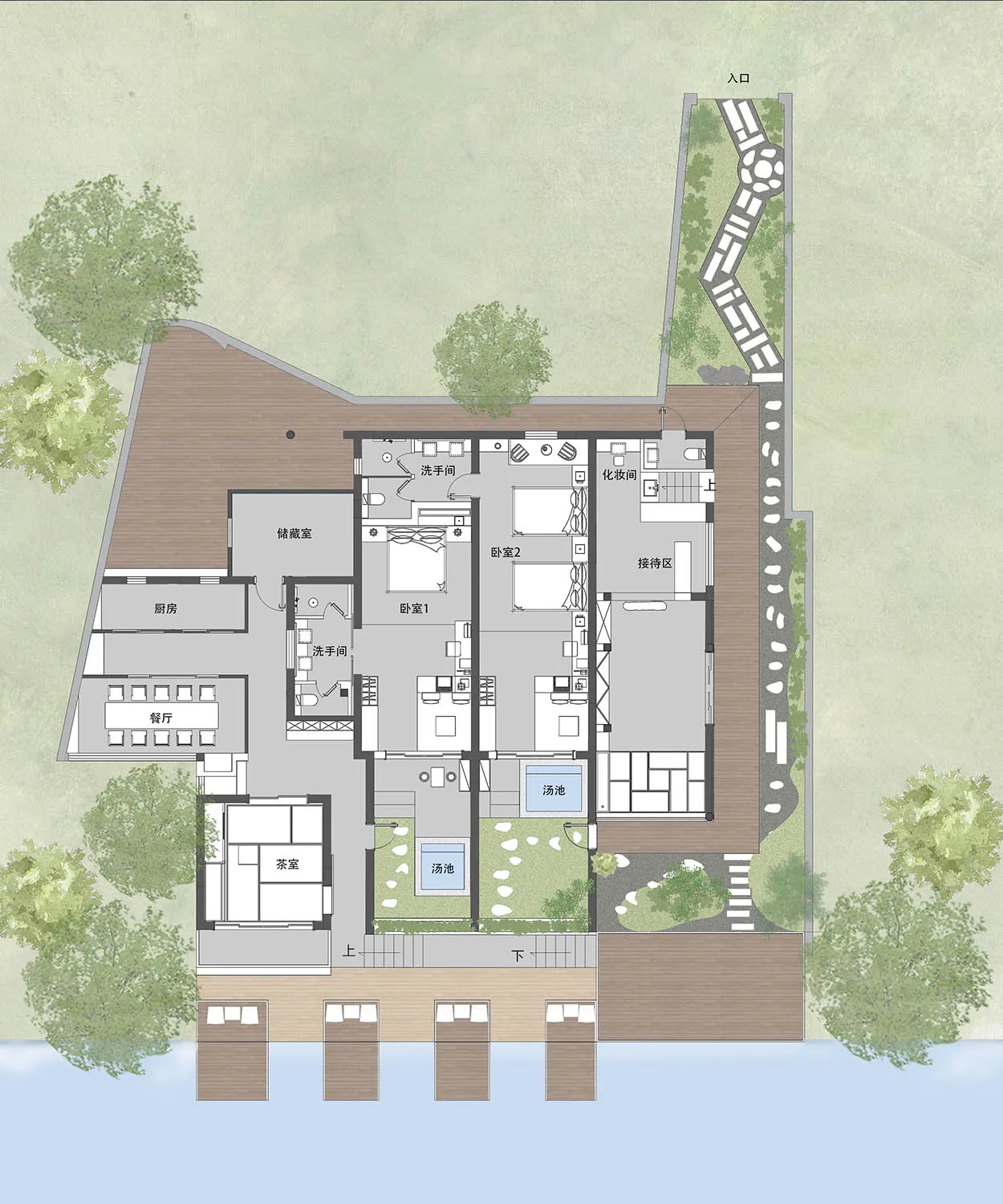 Modern residential floor plan featuring a waterfront view, incorporating elements such as wood materials and a contemporary s