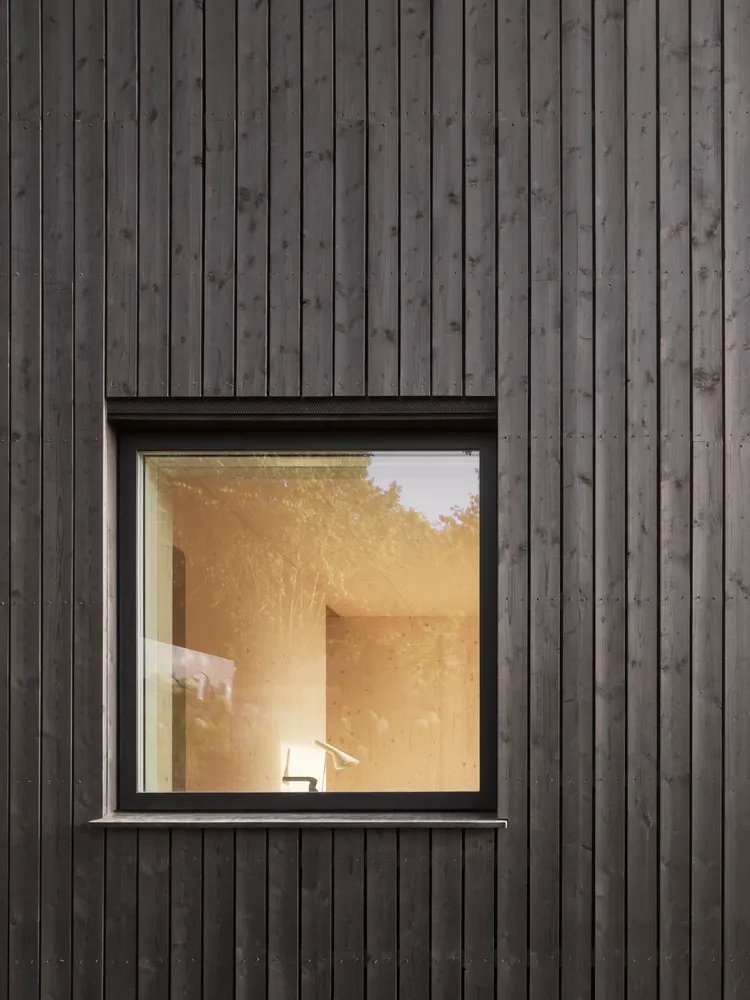 A modern window with dark wooden siding, showcasing minimalist design elements.