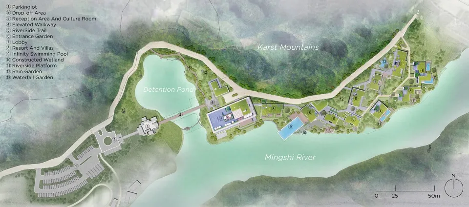Landscape design for a resort with sustainable development features including detention ponds, wetlands, and natural vegetati