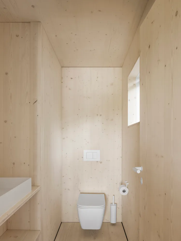 A minimalist bathroom with wooden paneling, featuring a white toilet and sink.