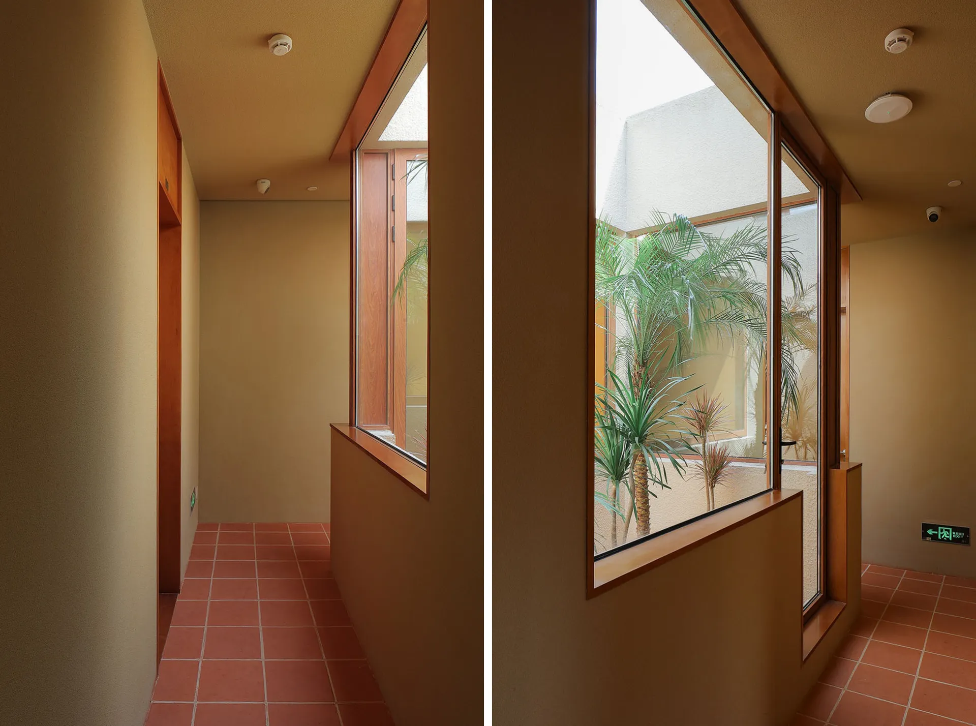 Interior design featuring minimalist architecture with terrazzo flooring and a glass wall.